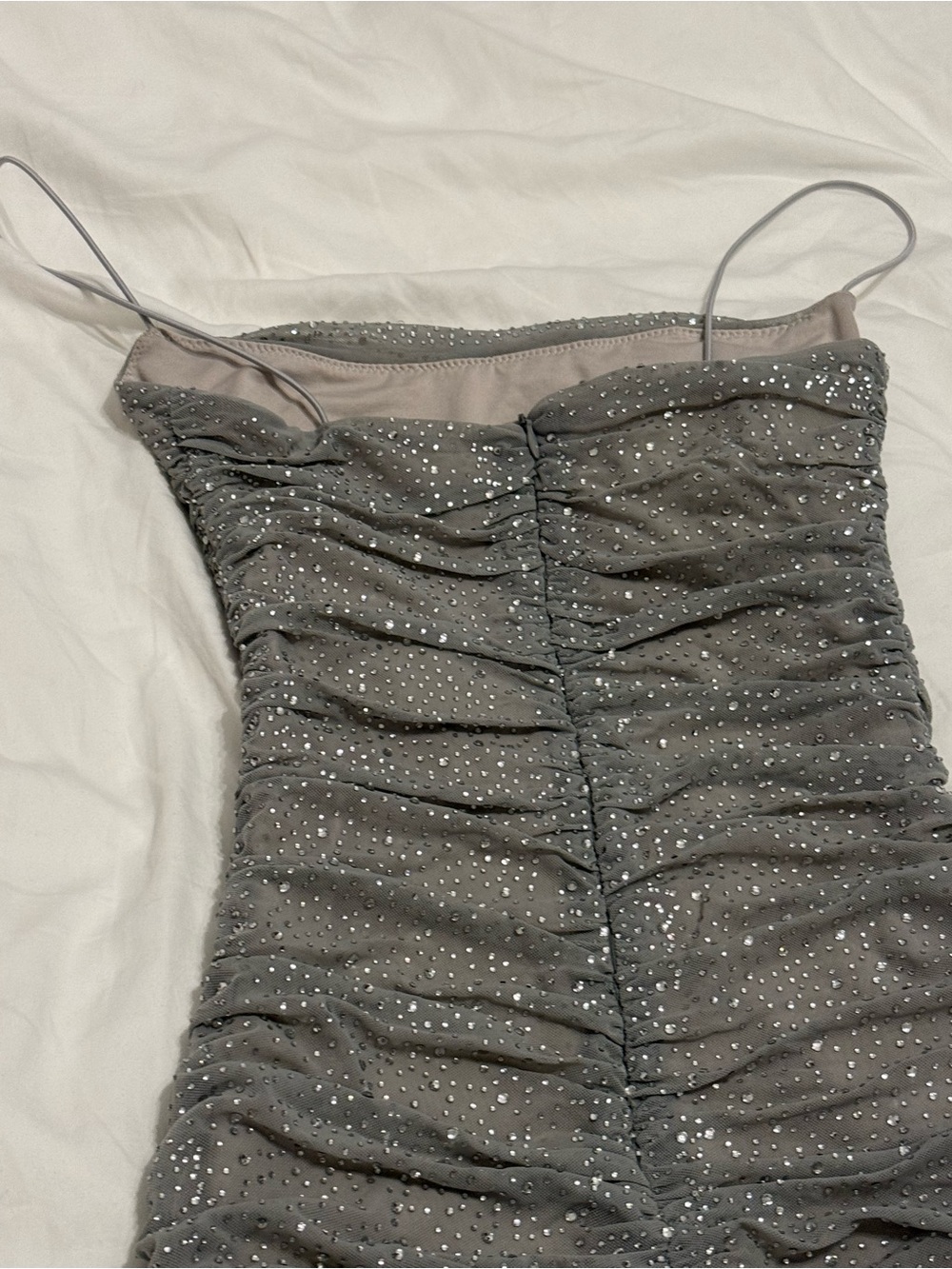 OH POLLY Sparkly Ruched Bedazzled Embellished Grey Silver Mini Dress Straps